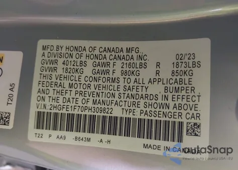 2023 Honda Civic Ex from USA, damaged, VIN 2HGFE1F70PH309822